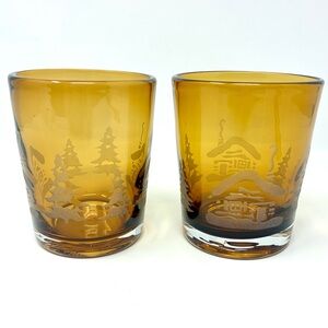 Home Studio Woodland Double Old Fashioned Amber Glass Tumbler Set Blown Glass